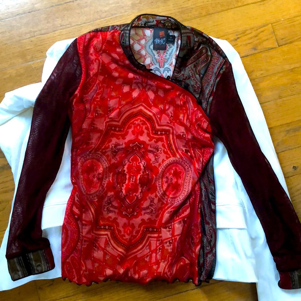 ANAC Red/Black Mesh Mandarin Collar Top- Medium